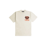 Beige t-shirt with a logo and text on a white background