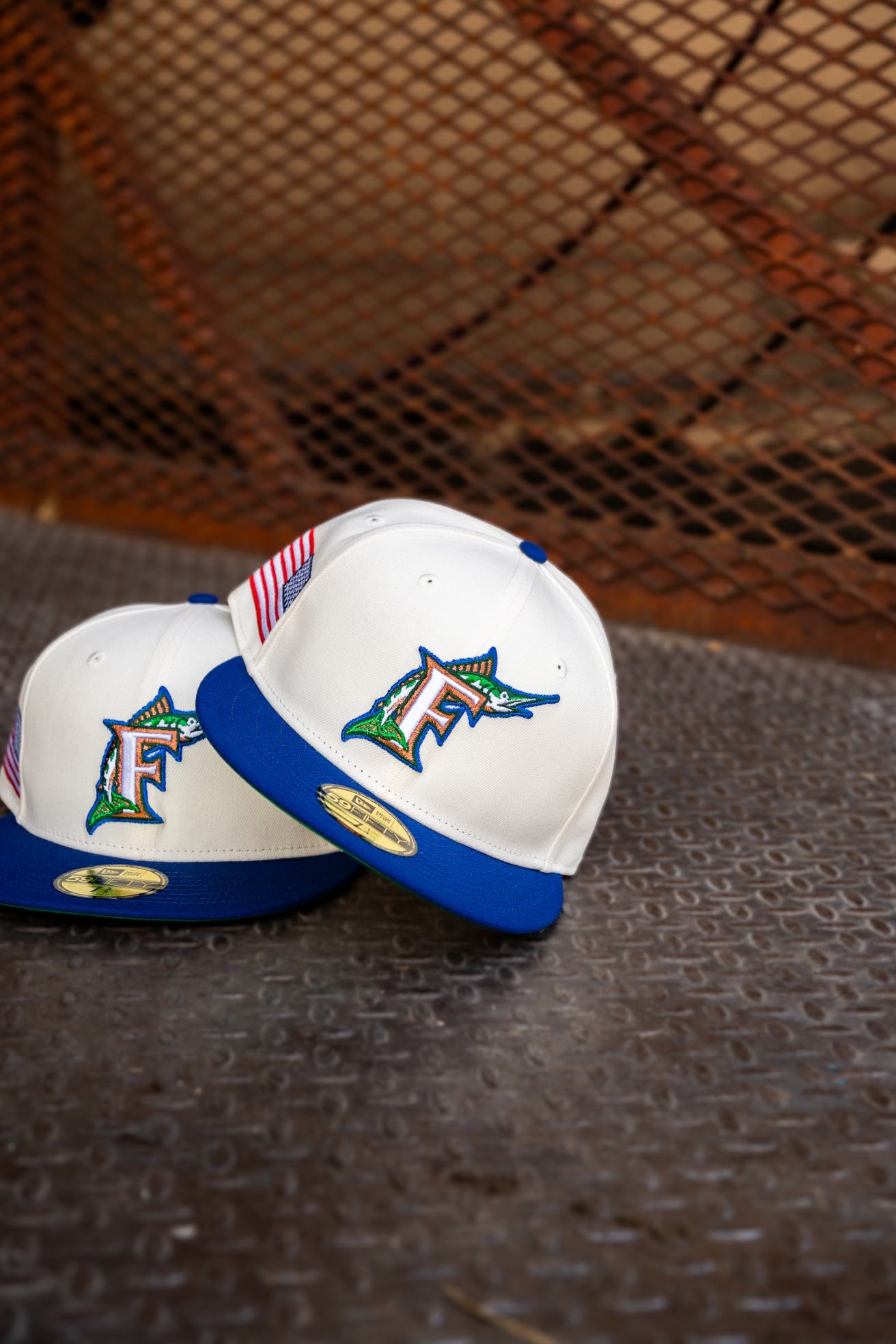 New Era Florida Marlins USA Flag Green UV (Off White/Royal) 59Fifty Fitted