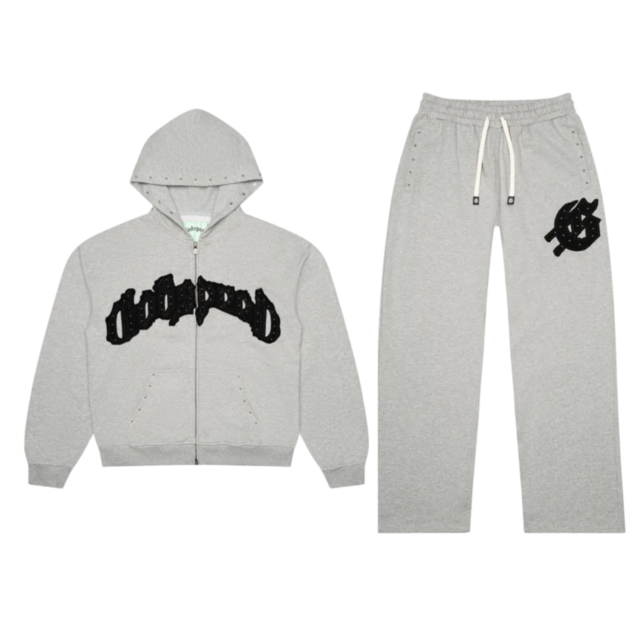 Gray hoodie and pants set with black logos 