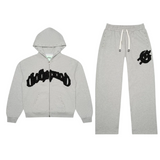 Gray hoodie and pants set with black logos 